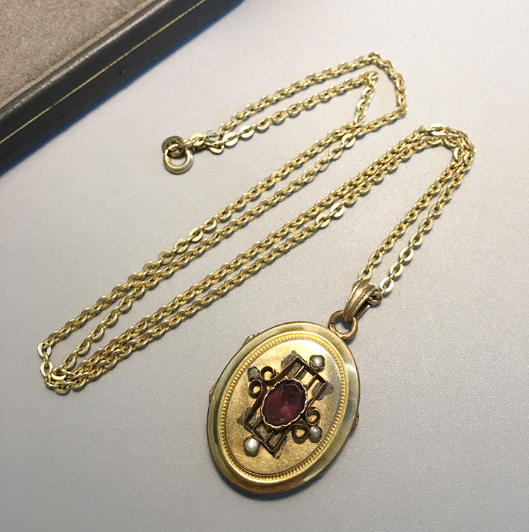 德国铜包金镶嵌天然野生种子珍珠紫水晶相片盒吊坠挂件12.5克z