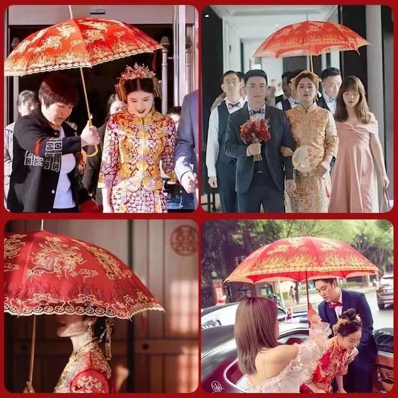 红伞新娘伞婚庆伞大红色刺绣出嫁蕾丝花边长柄结婚雨伞用婚礼雨伞
