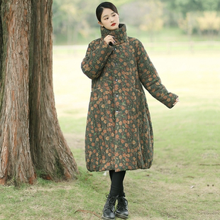 冬季新款女装加绒民族风碎花棉服棉麻中长款宽松大码棉衣外套棉袍