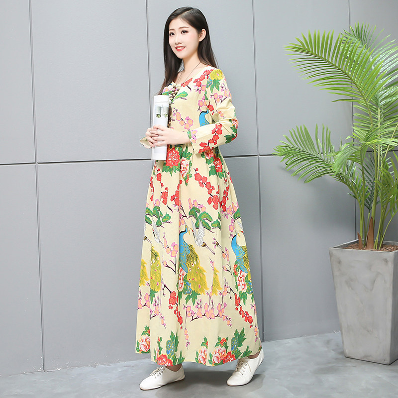 原创秋季女装新款复古文艺宽松中长款袍子连衣裙棉麻印花长袖裙子