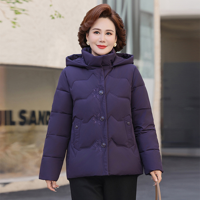 可拆帽子刺绣中老年女妈妈冬季加绒加厚羽绒棉服连帽冬装棉衣外套