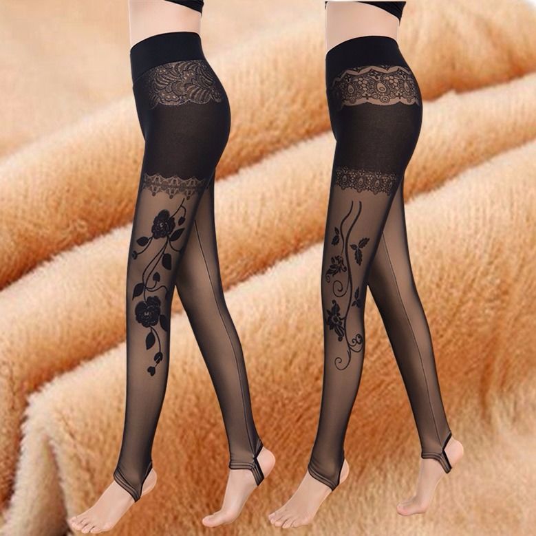 秋冬季大码加绒保暖高腰修身显瘦踩脚裤假透肉印花网纱打底裤袜女