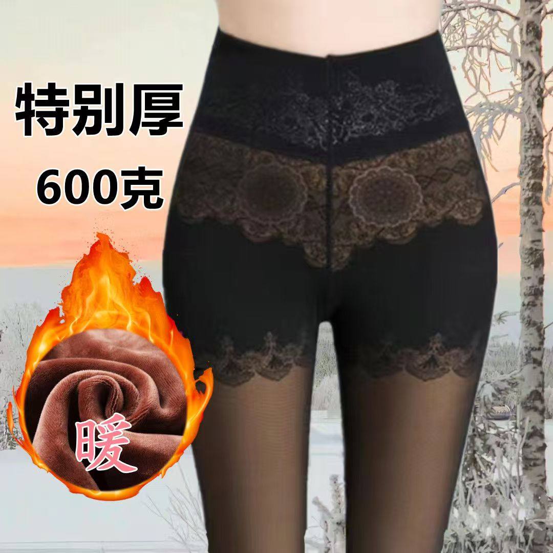 新款冬加绒加厚假透肉打底裤高腰网纱印花弹力裤袜大码保暖棉裤女