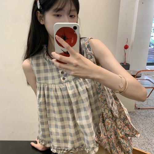 韩系木耳边格子无袖衬衫女夏季新款甜美风宽松休闲减龄设计感上衣