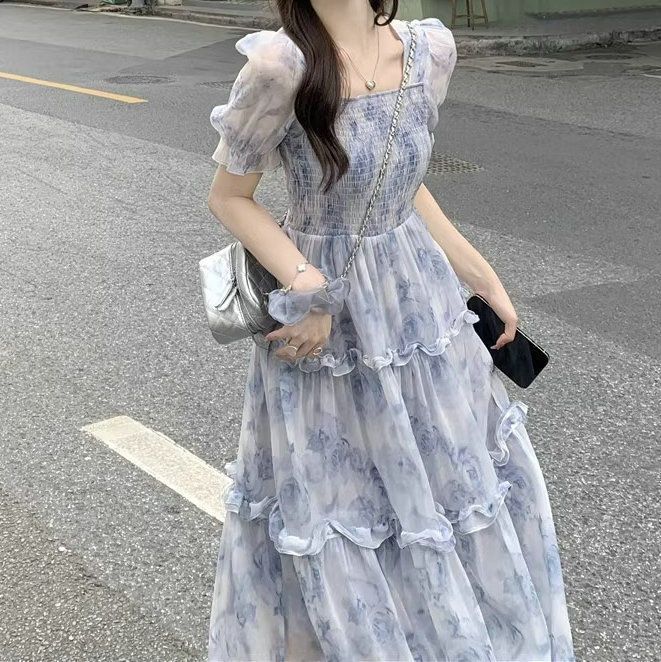 温柔风茶歇法式桔梗长裙2026夏季气质仙女超仙收腰方领碎花连衣裙图片