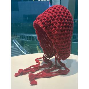 潮女春秋时尚 钩织帽毛线帽帽子镂空包头针织可爱手工韩版 甜美流苏