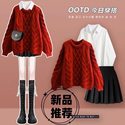 小个子穿搭过年红色毛衣三件套女