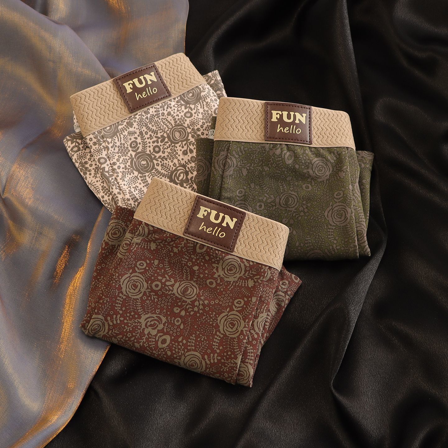 【三条装】【工厂】新款古典玫瑰印花男士内裤纯棉平角底裤男生个