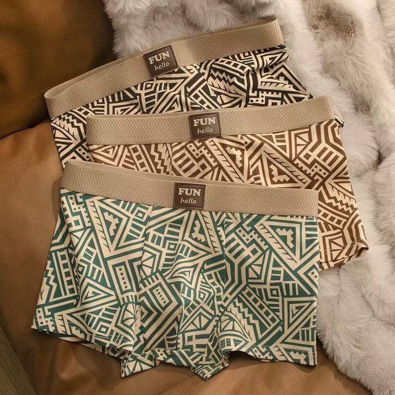 【三条装】裤衩男士青年潮流四角内裤棉质印花几何新款风平裤民族