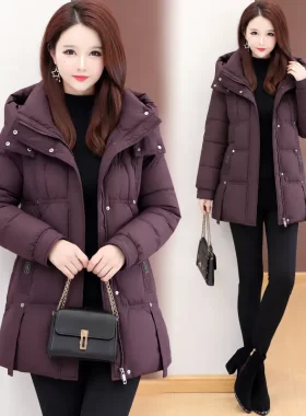 韩版连帽白鸭绒羽绒服女2026新款中长款加厚保暖修身气质外套冬装