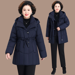 中年妈妈连帽棉服女2026冬季新款加厚保暖中长款系带收腰显瘦外套