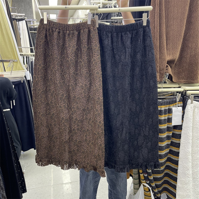 加绒蕾丝半身裙女秋冬新款韩版复古中长款宽松显瘦后开叉花边裙子