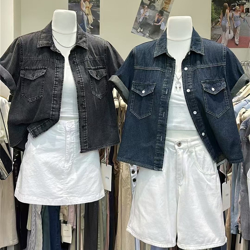 韩版时尚简约短袖牛仔衬衫外套女夏季新款小个子宽松显瘦短款上衣