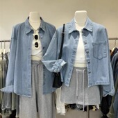 宽松休闲百搭短款 新款 夹克上衣 复古翻领竖条纹牛仔外套女秋季 韩版