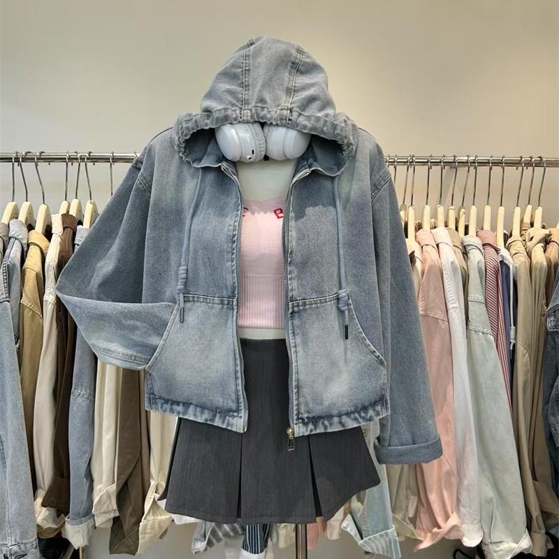 韩版复古气质连帽短款牛仔外套女春秋新款机车风时尚休闲夹克上衣
