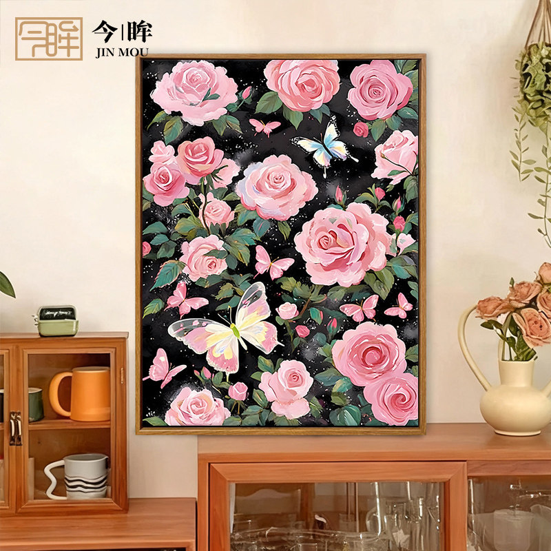 粉色玫瑰十字绣2026新款客厅蝴蝶花卉小件餐厅卧室简单手工自己绣