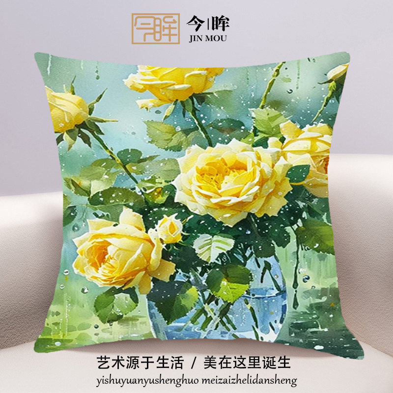黄玫瑰十字绣抱枕2026新款客厅沙发靠枕治愈系花卉卧室床头手工绣