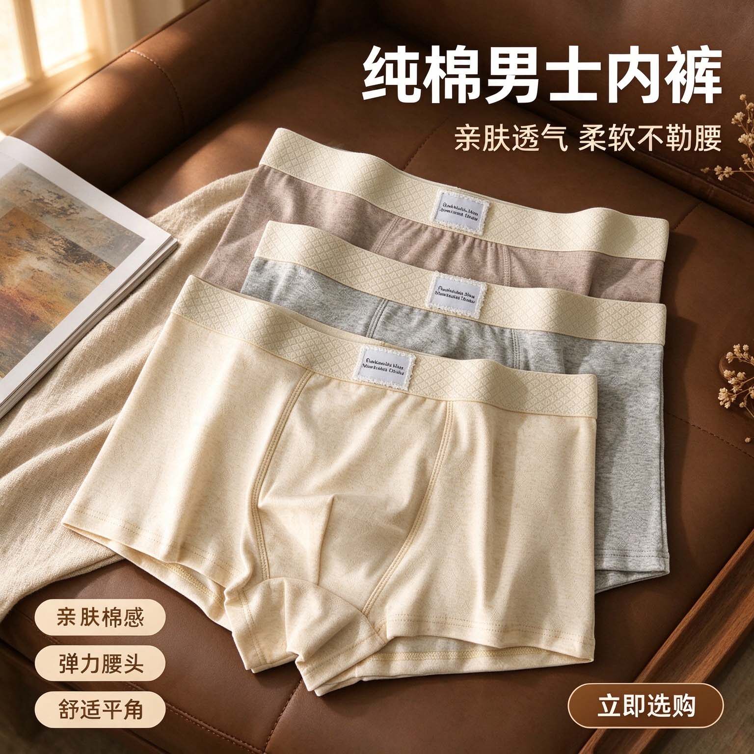 纯棉男士内裤透气平角裤头柔软舒适四角裤衩中腰男款透气秋冬季