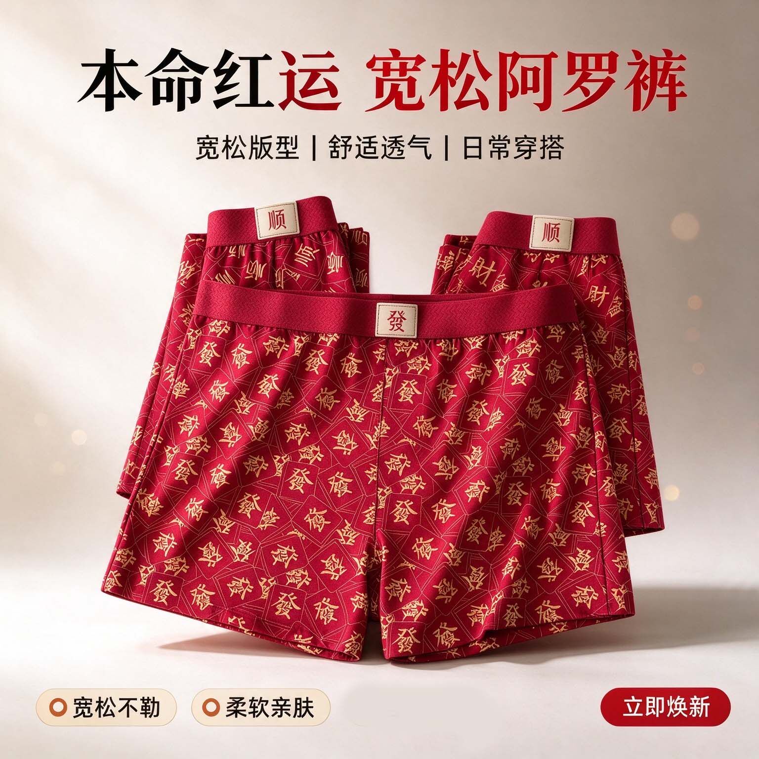 本命年红色内裤男士阿罗裤宽松透气印花四角平角裤头舒适喜庆结婚