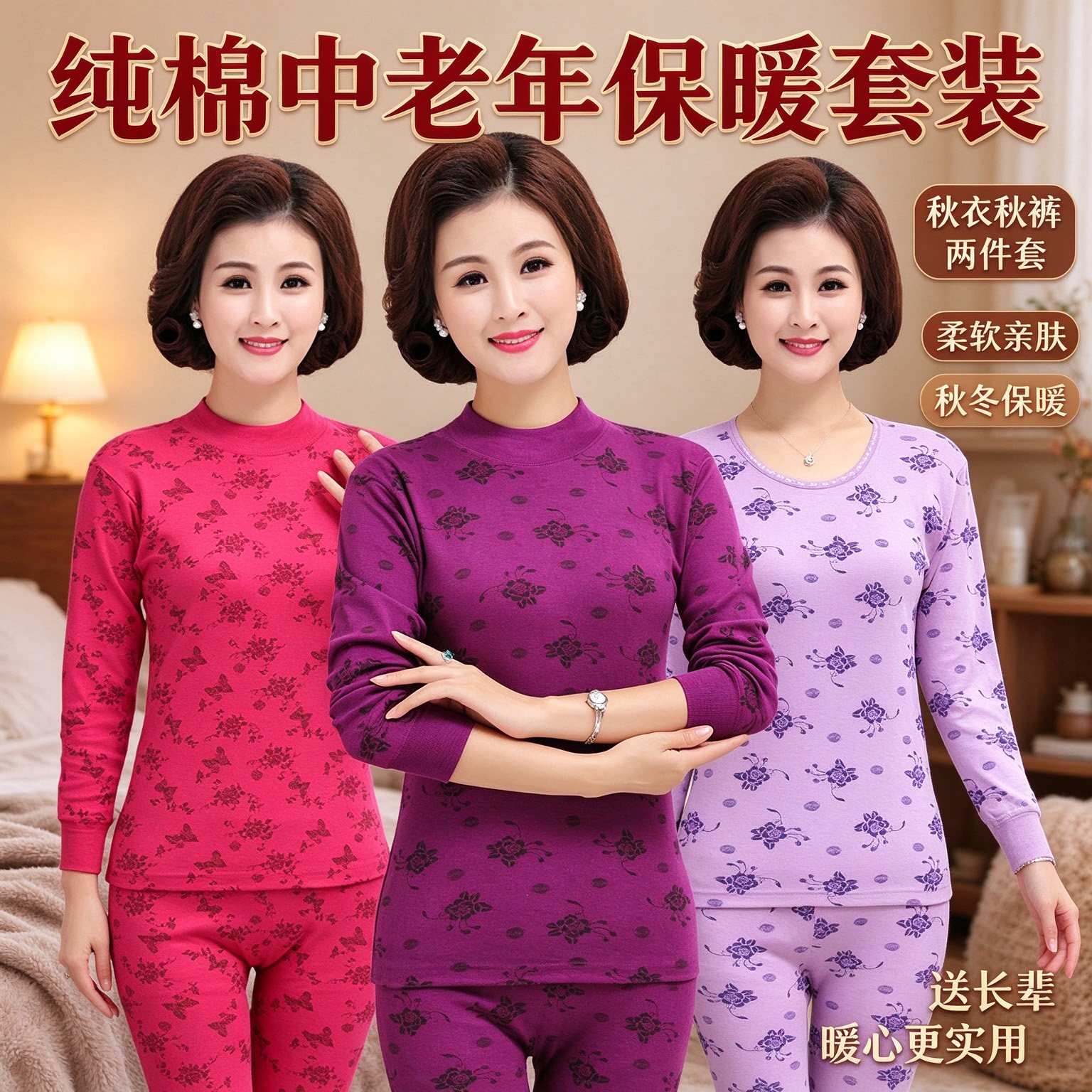 中老年女士纯棉保暖内衣套装妈妈装秋衣秋裤棉质棉毛衫老人薄款