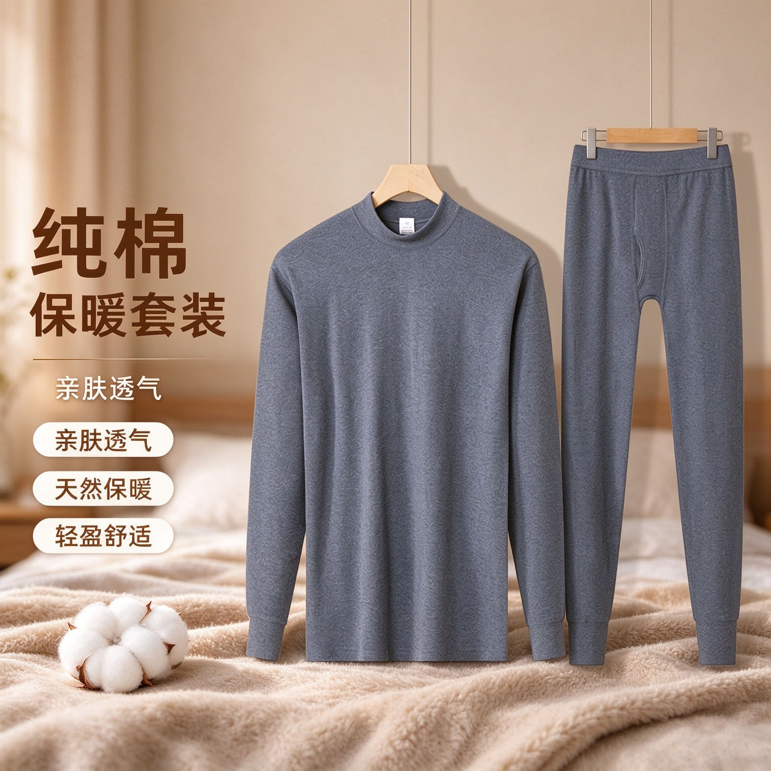 男士纯棉保暖内衣套装长袖秋衣秋裤中领棉质打底衫秋冬季男款