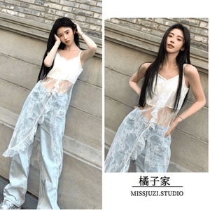 鞠婧祎同款白色蕾丝吊带连衣裙开衩不规则网纱透视背心罩衫2024夏