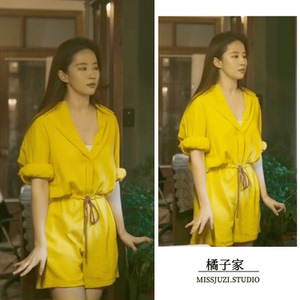 玫瑰故事刘亦菲同款黄色连体裤夏宽松阔腿短裤抽绳收腰连衣裤女