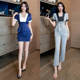 显瘦收腰套装 气质养生馆足疗修身 制服 时尚 2026假两件设计拼色短袖