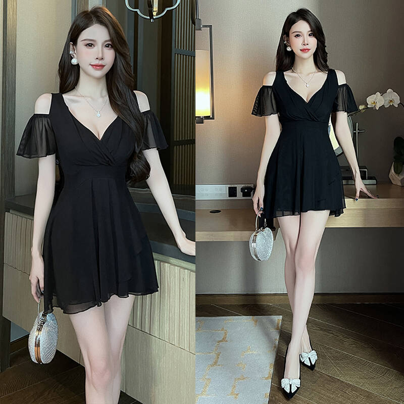 夜店网纱设计黑色露肩V领连衣裙女酒店技师工作服显瘦气质小黑裙