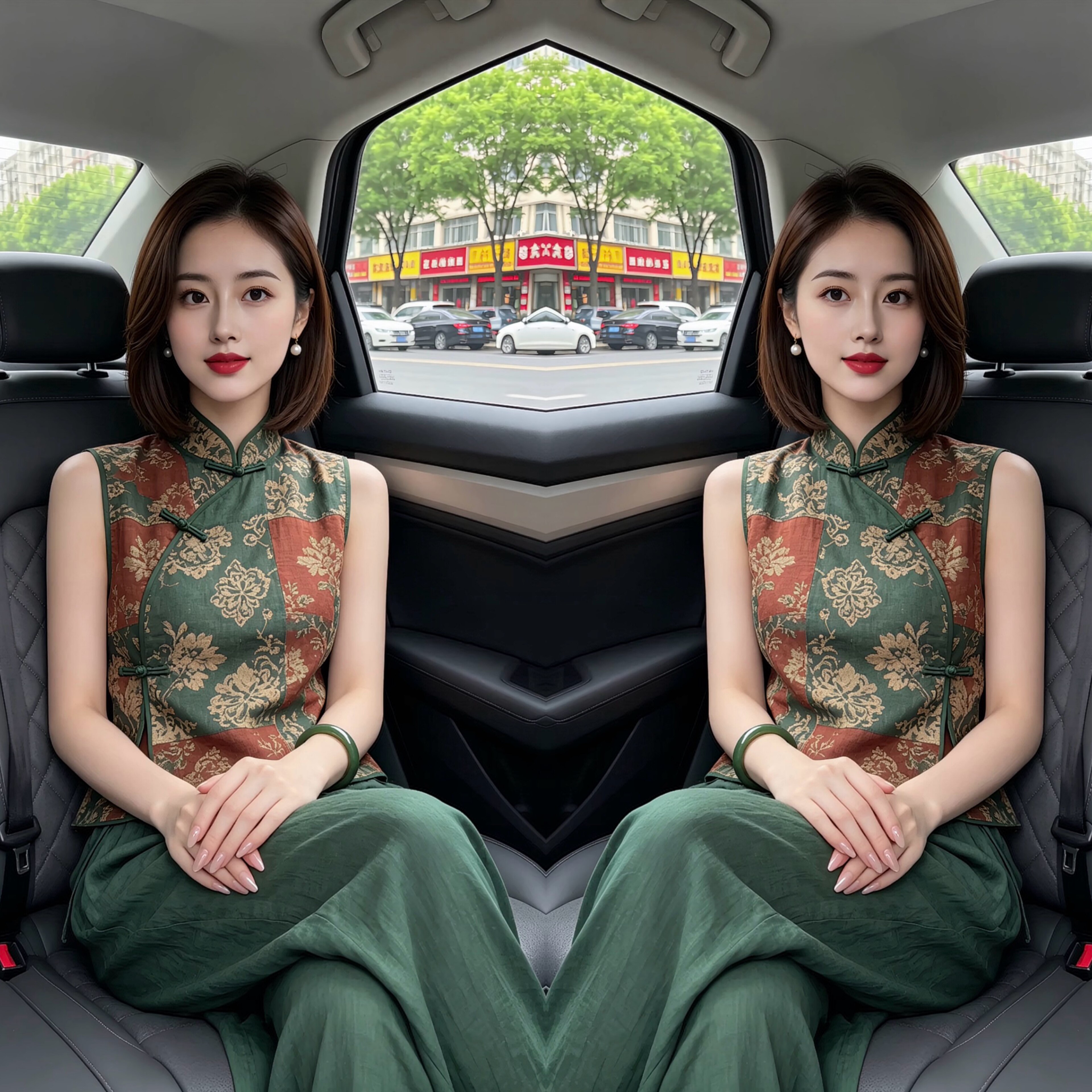 新中式绿色印花无袖上衣阔腿裤