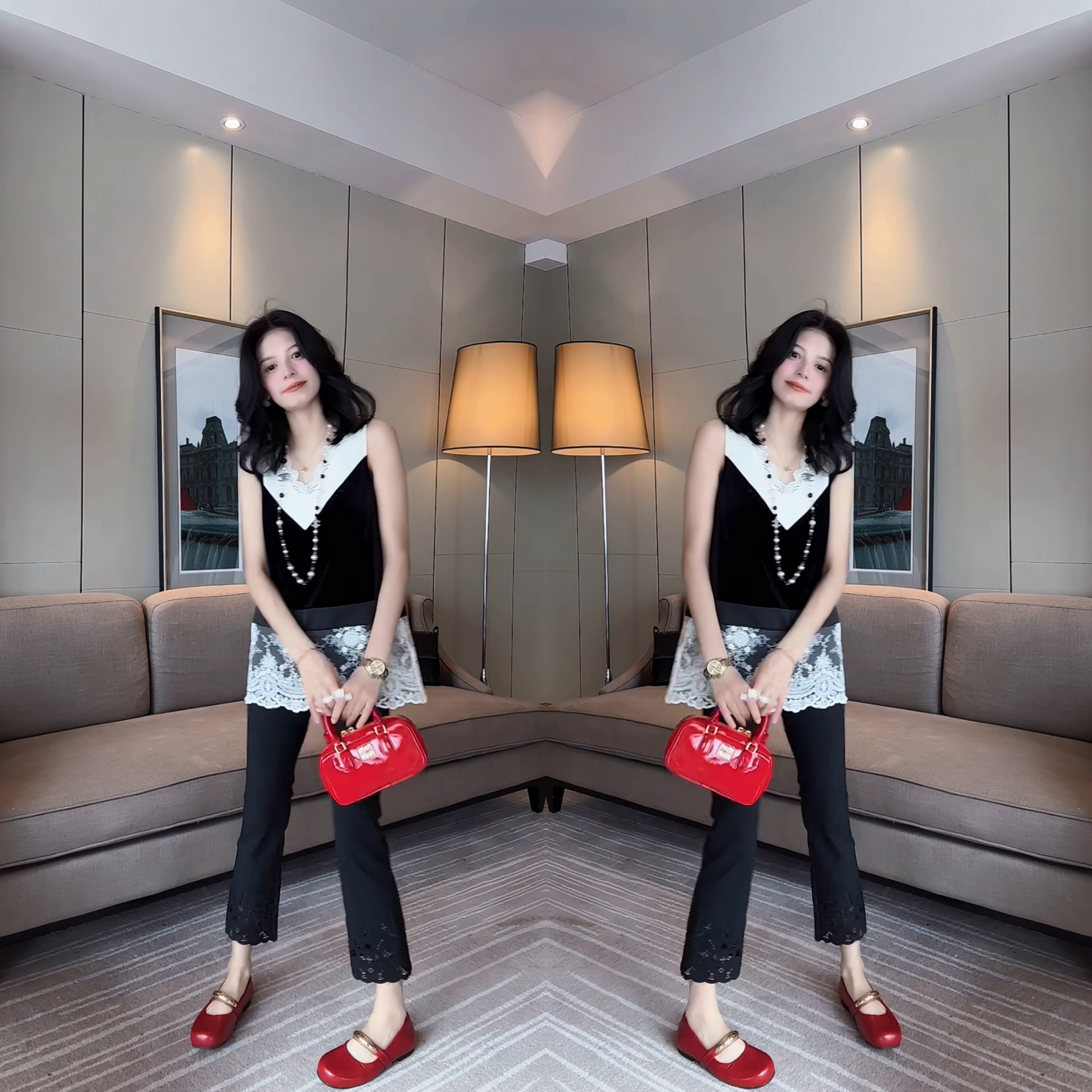 欧货爆款吊带上衣女2025春季新款洋气V领蕾丝花边拼接中长款背心