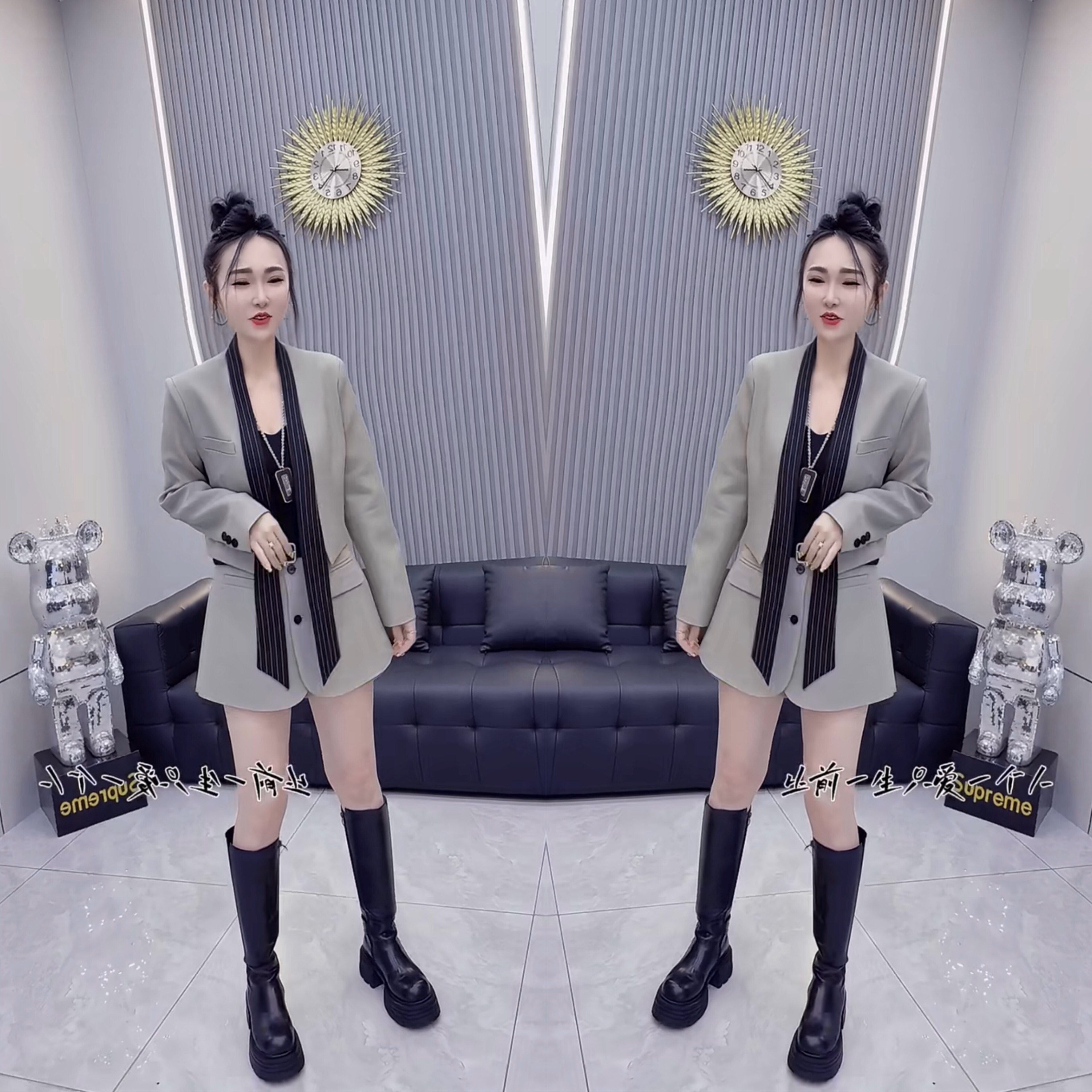 设计感短款西服外套+裤衩裙