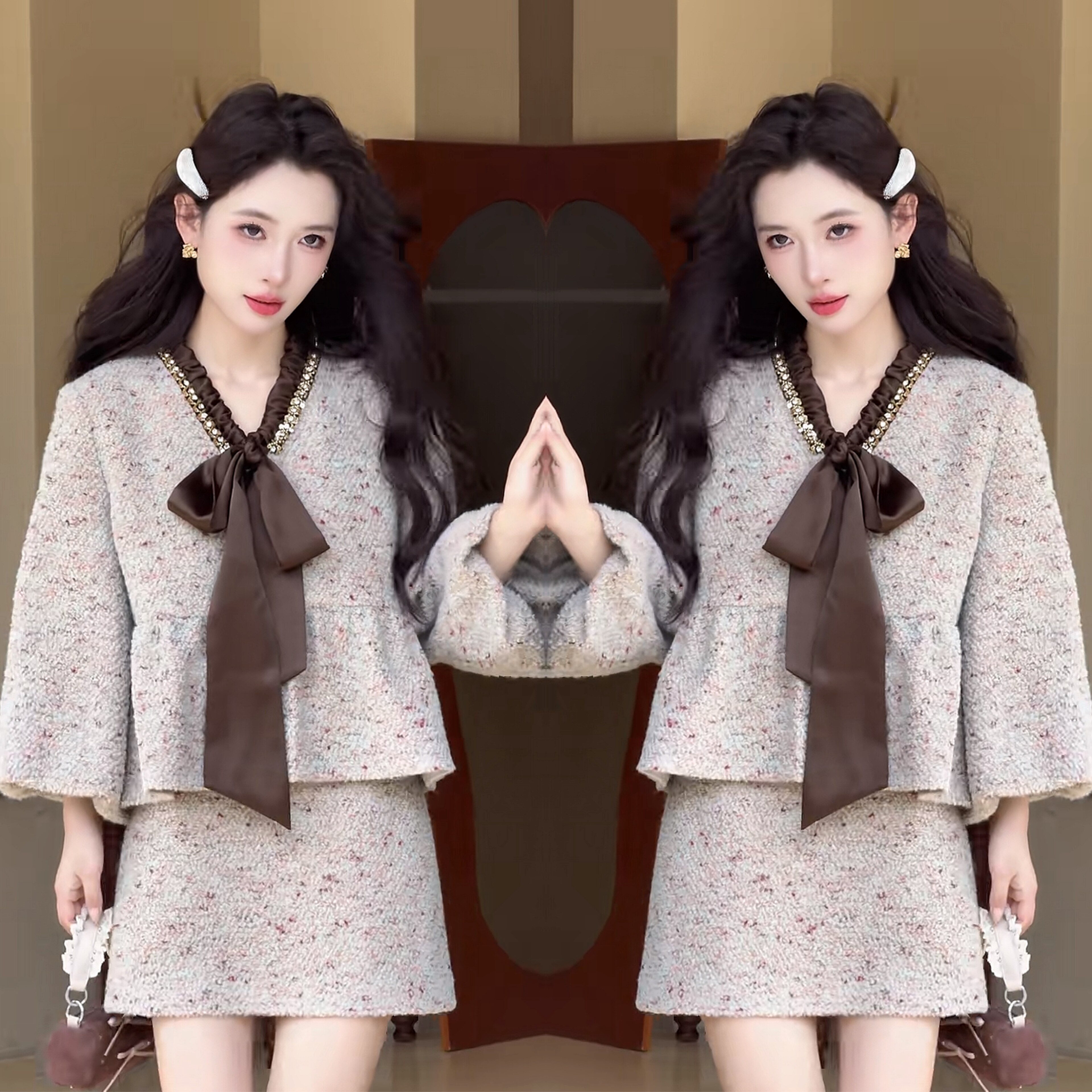 秋冬短款蝴蝶结绑带外套半身短裙