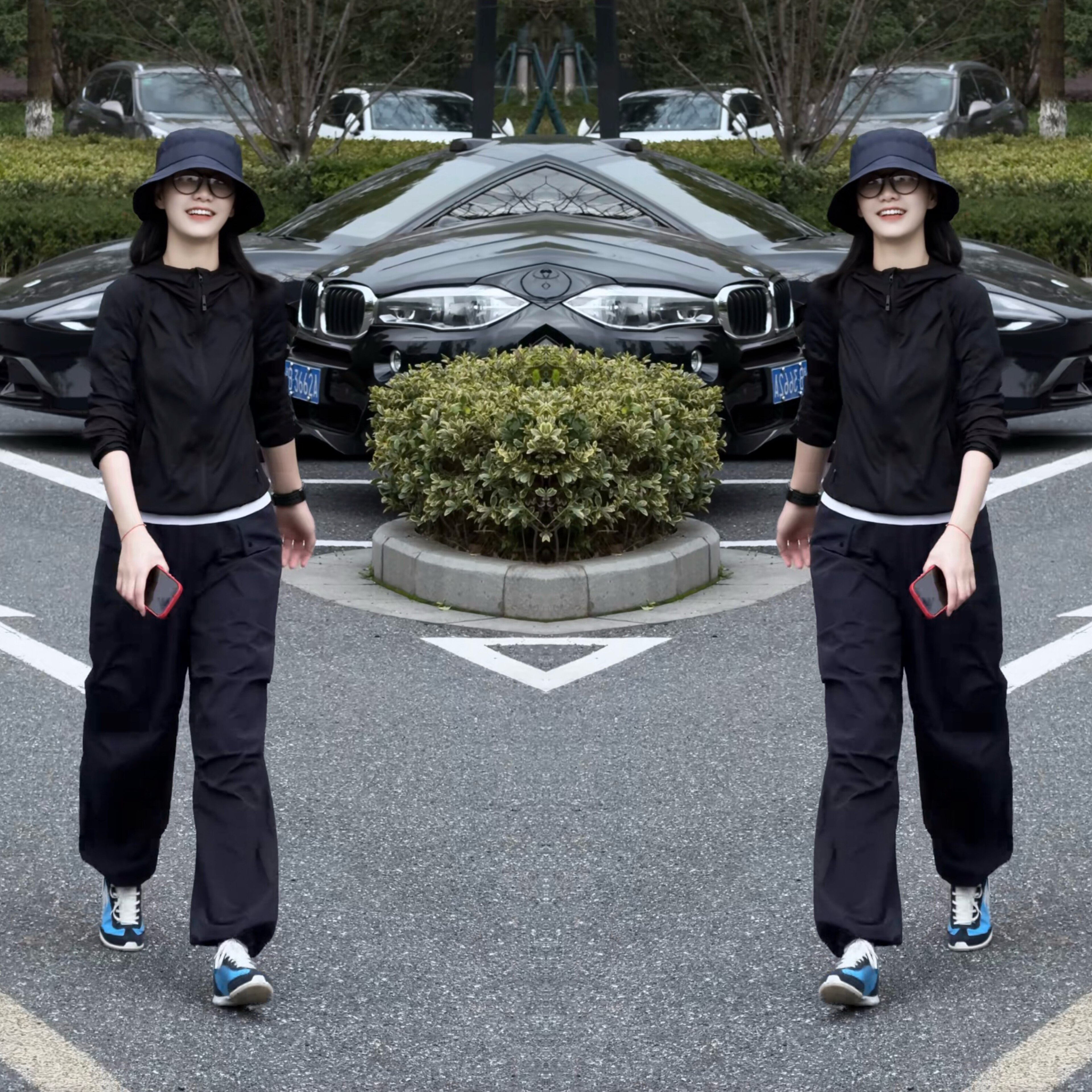 高品质洋气两件套女2026春季新款简约黑色连帽冲锋衣外套+工装裤