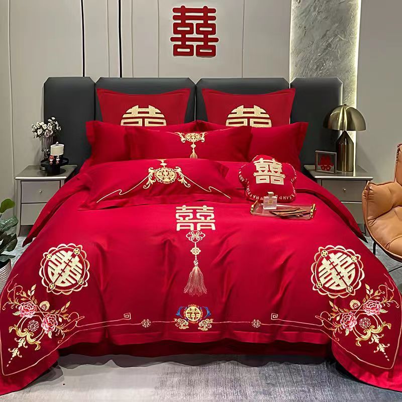 大红龙凤刺绣婚庆四件套新婚绣花被套床单婚房中式喜庆结婚六件套