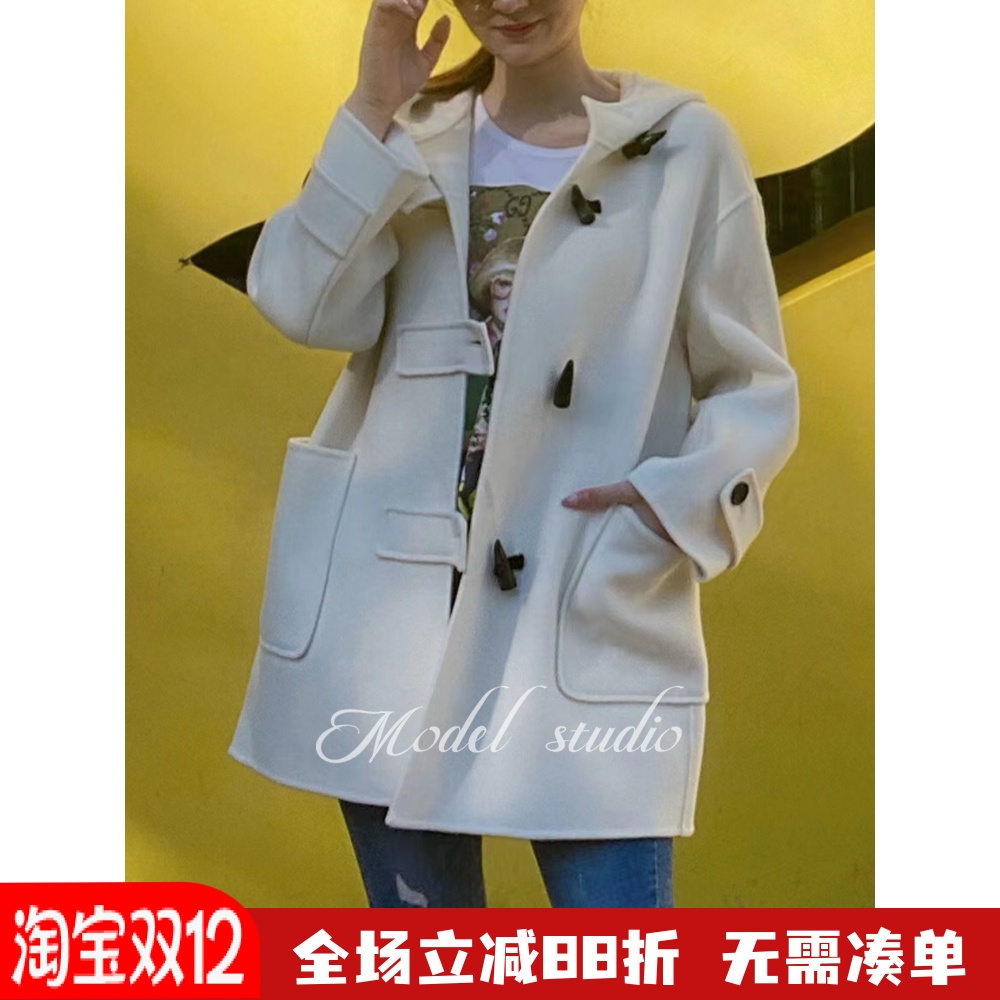 秋冬新款双面羊绒毛呢大衣 宽松休闲连帽 牛角扣中长款纯色外套女