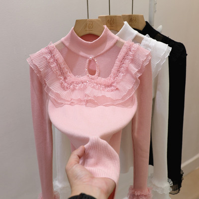 花瓣蕾丝拼接镂空半高领打底衫女