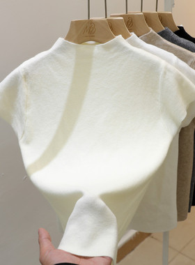 半高领短袖t恤女针织打底衫设计感小众早春内搭白色修身毛衣上衣