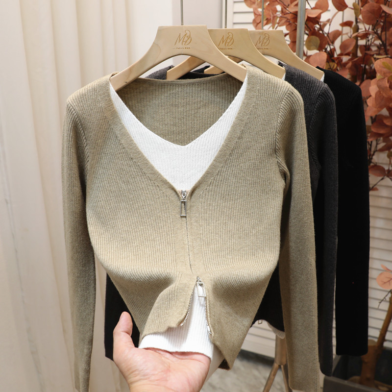 双拉链针织开衫外套假两件上衣