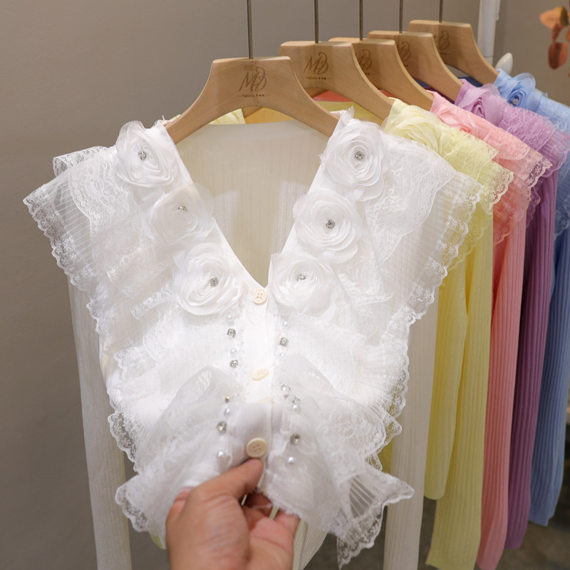 花朵荷叶边V领冰丝防晒衫女夏