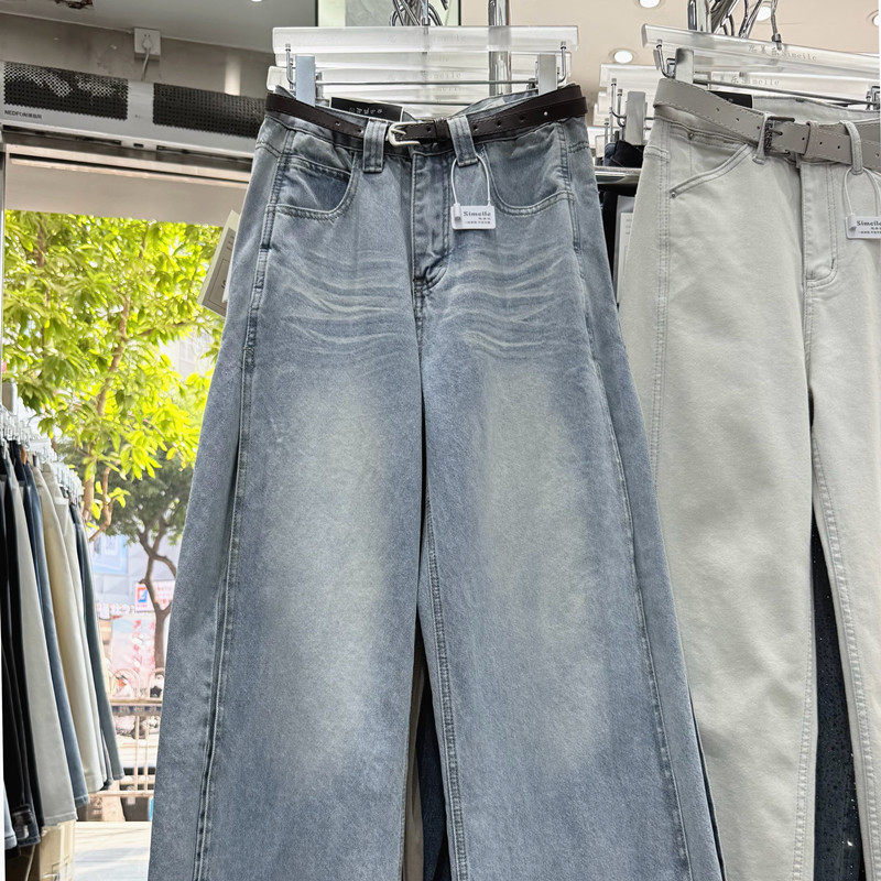 浅蓝色牛仔裤女款复古高腰阔腿裤