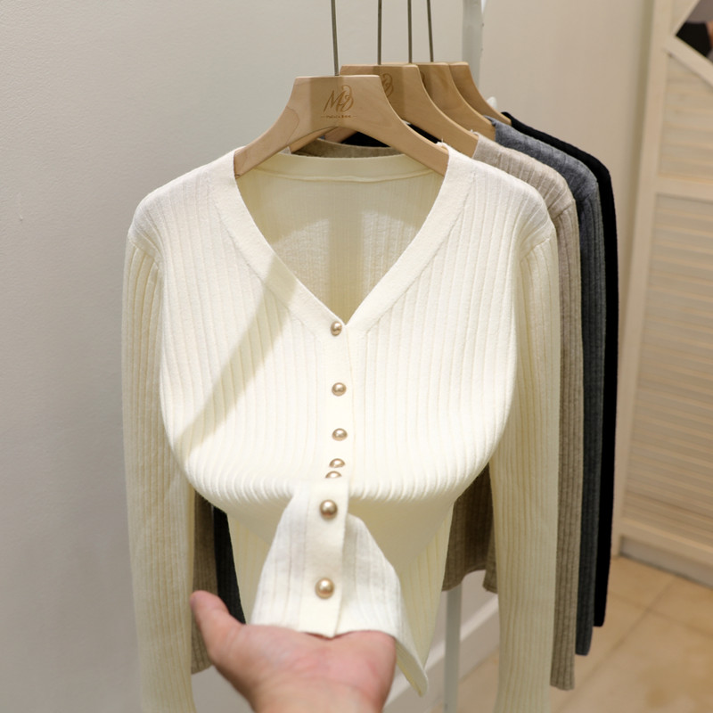 春秋新款V领单排扣针织开衫女