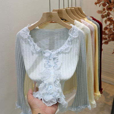 温柔风蕾丝拼接木耳边针织衫开衫