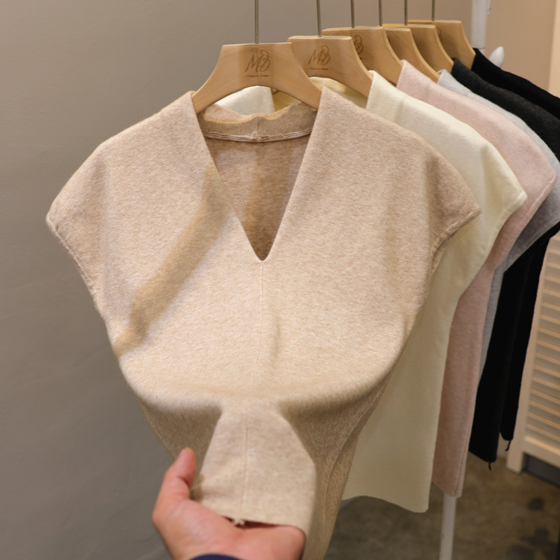 黑色v领短袖上衣女高级感春装