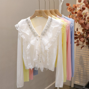 蕾丝花边冰丝针织衫 高腰短款 潮 2025夏季 甜美荷叶边钉珠亮片防晒衫