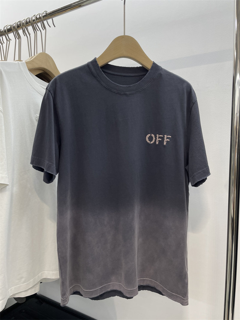 22SS早春新品 洗水灰刺绣OFF字母交叉箭头短袖 OW百搭磨毛边T恤衫