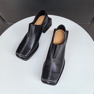 原创设计方头缝线单鞋女暗黑复古方头皮鞋手工缝线真皮方跟乐福鞋