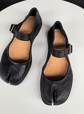 意大利进口水洗马皮分趾鞋女真皮复古猪蹄鞋手工玛丽珍单鞋乐福鞋