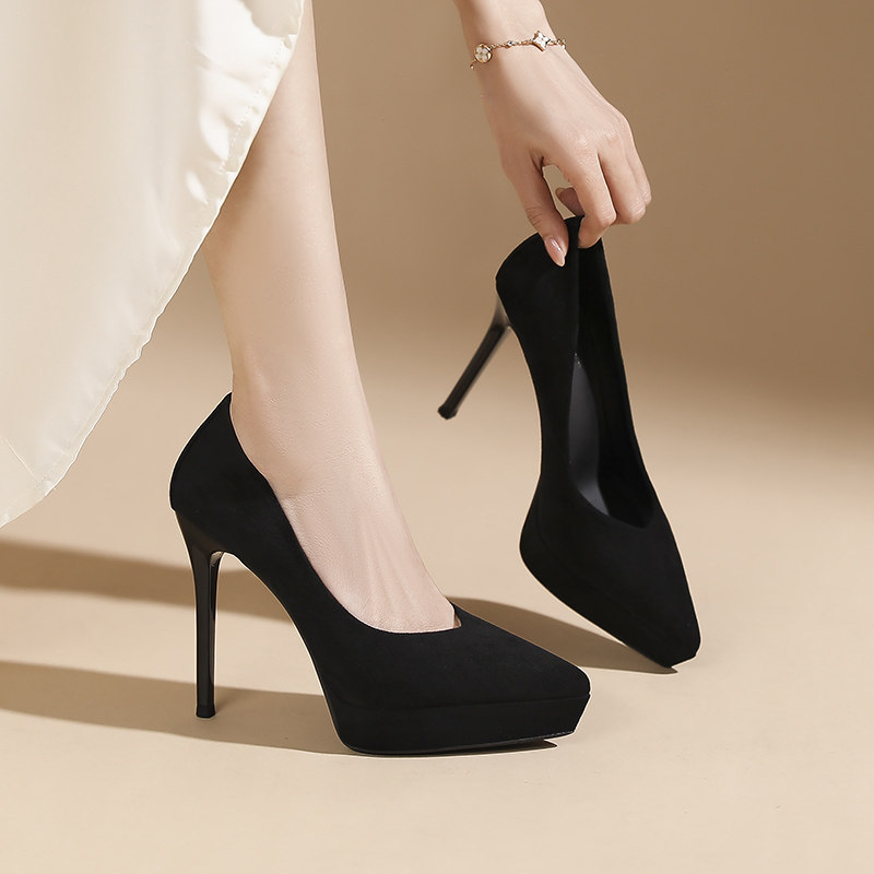 羊皮版~黑色绒面超高跟鞋女12cm小个子防水台浅口细跟不累脚单鞋