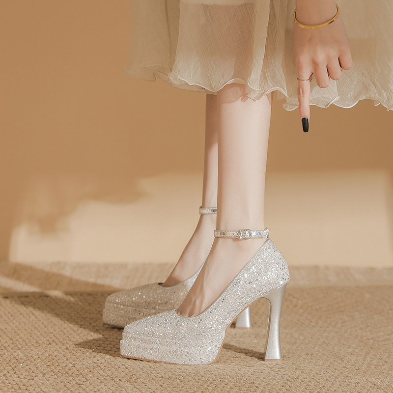 不累脚玛丽珍新娘主婚纱鞋粗跟厚底神器防水台高跟鞋女订婚水晶鞋
